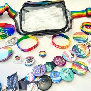 Clear Fanny Pack w Rainbow Strap, PRIDE Buttons & Bracelets For Events/Parades